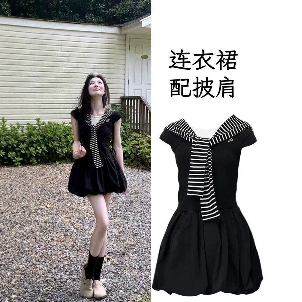 黑色小个子两件套连衣裙女夏季法休闲运动套装