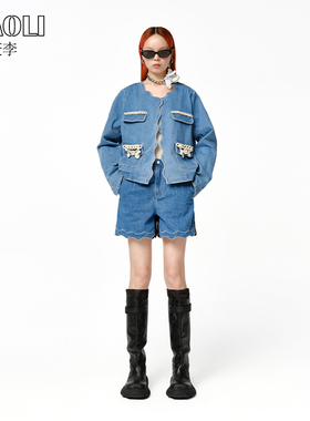 【设计师品牌XIAOLI筱李】硅胶腰链装饰波浪边牛仔短裤 蓝色/藏青