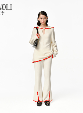 【限定款】XIAOLI筱李圈圈纱羊毛手钩花边撞色套头连帽针织衫女