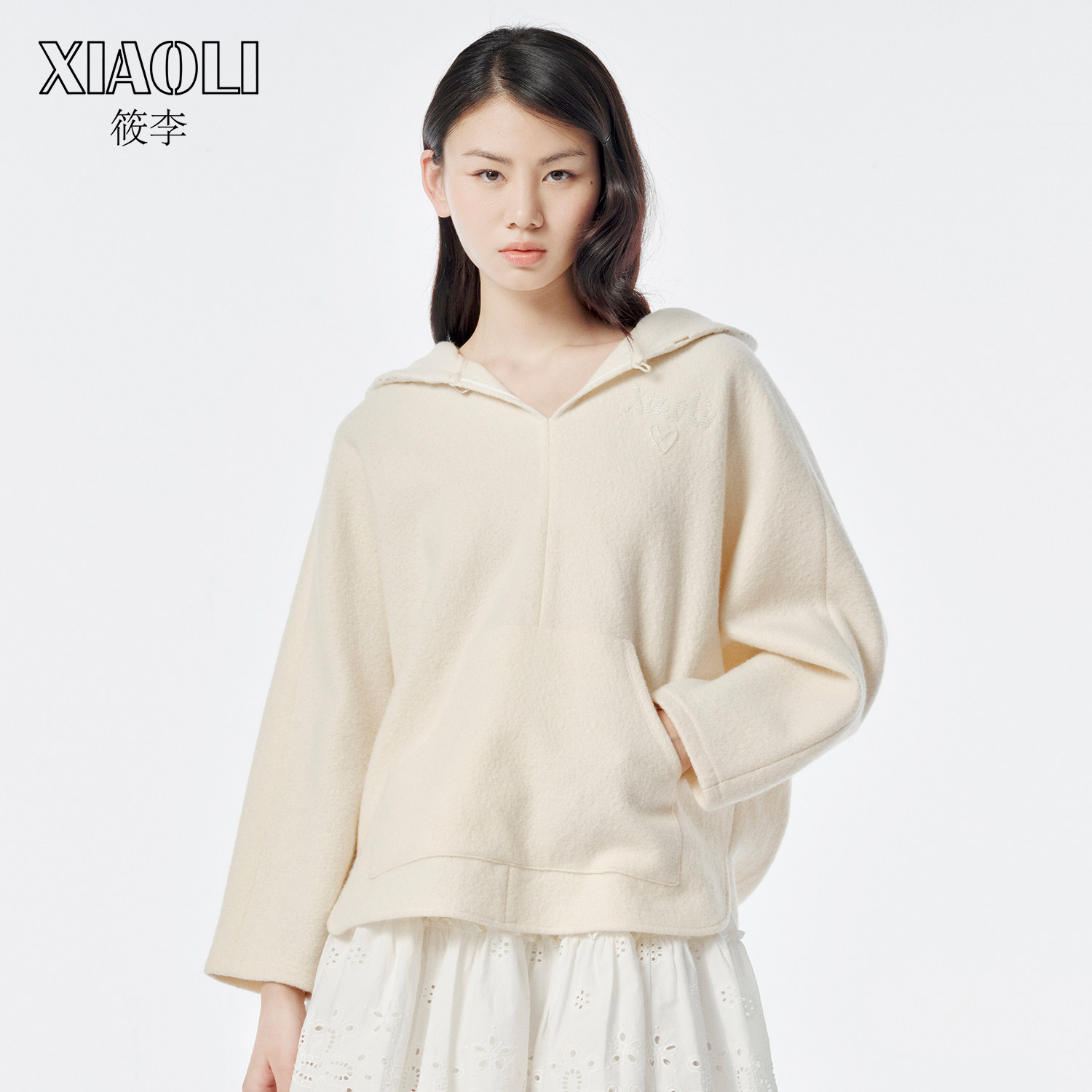 XIAOLI筱李 秋冬新品设计师毛织拼接连帽套头卫衣