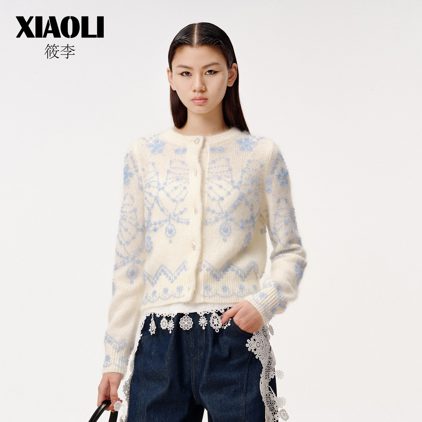 XIAOLI筱李 秋冬新品费尔岛马海毛刺绣钉珠短款针织开衫女