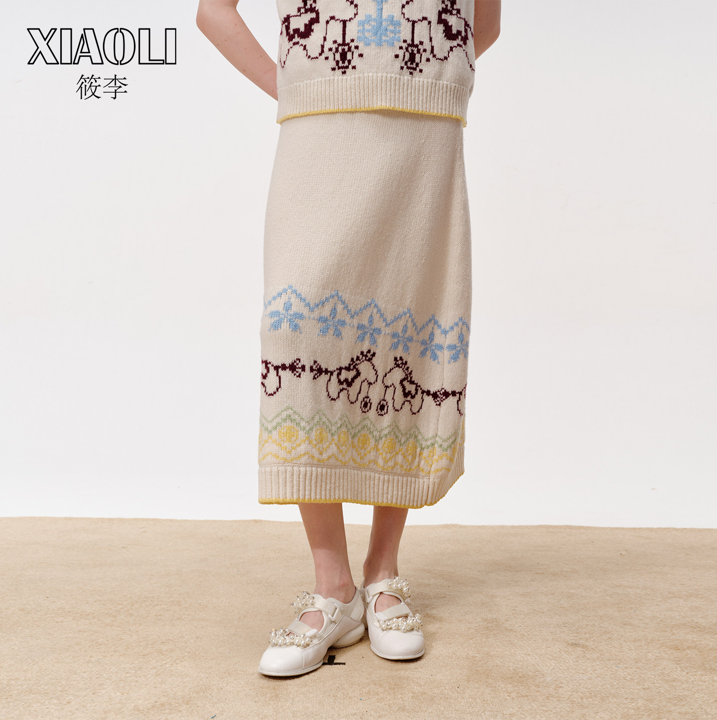 【XIAOLI筱李】复古童趣风奶白色十字绣费尔岛针织半裙新品