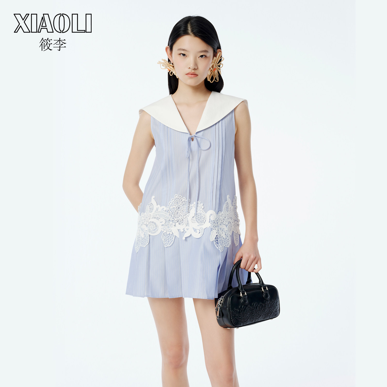 XIAOLI筱李 春夏胶囊系列新品航海系蓝白条纹海军领百褶连衣裙