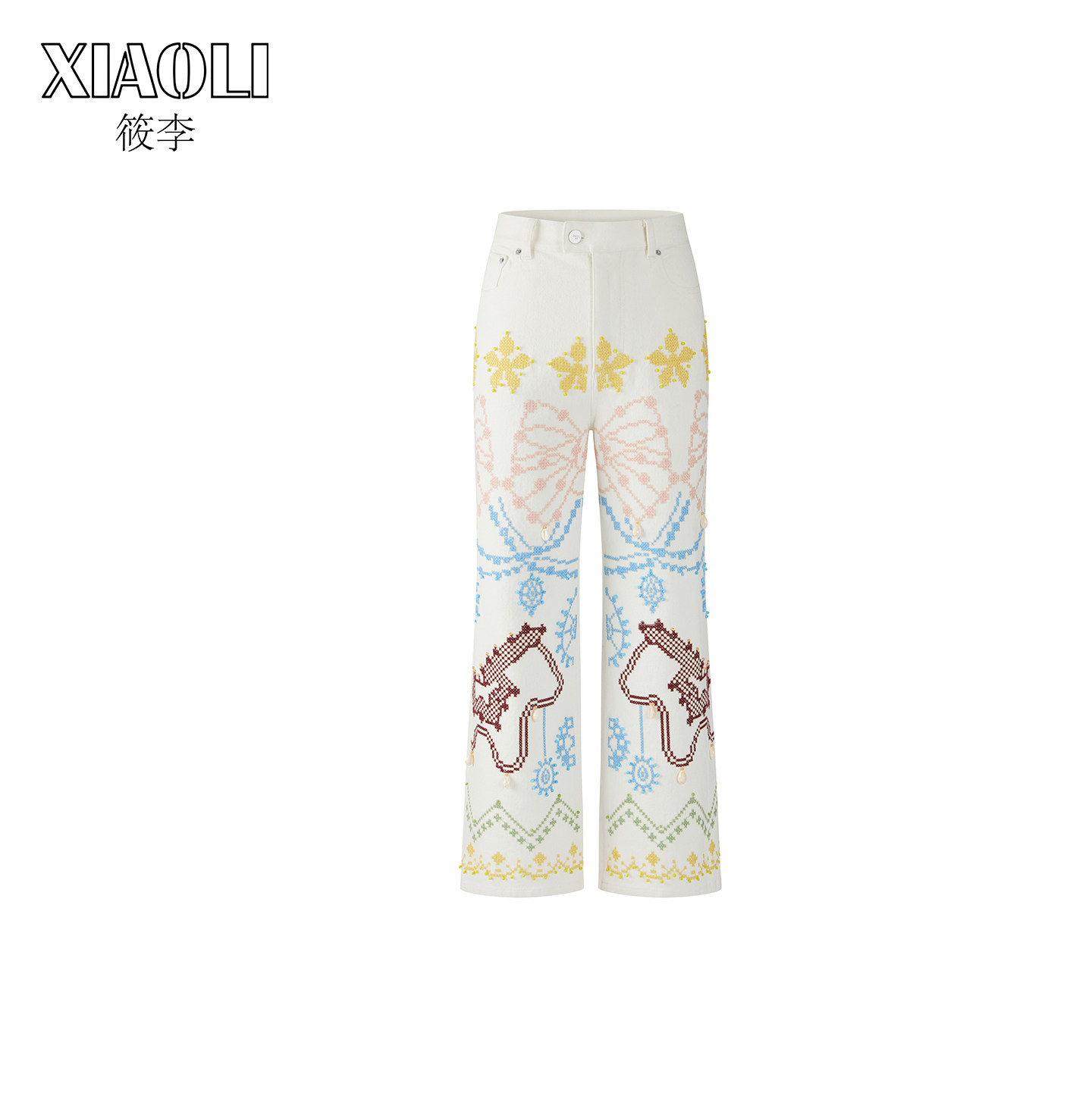 【XIAOLI筱李】优雅浪漫宽松奶白色十字绣牛仔长裤女春新品