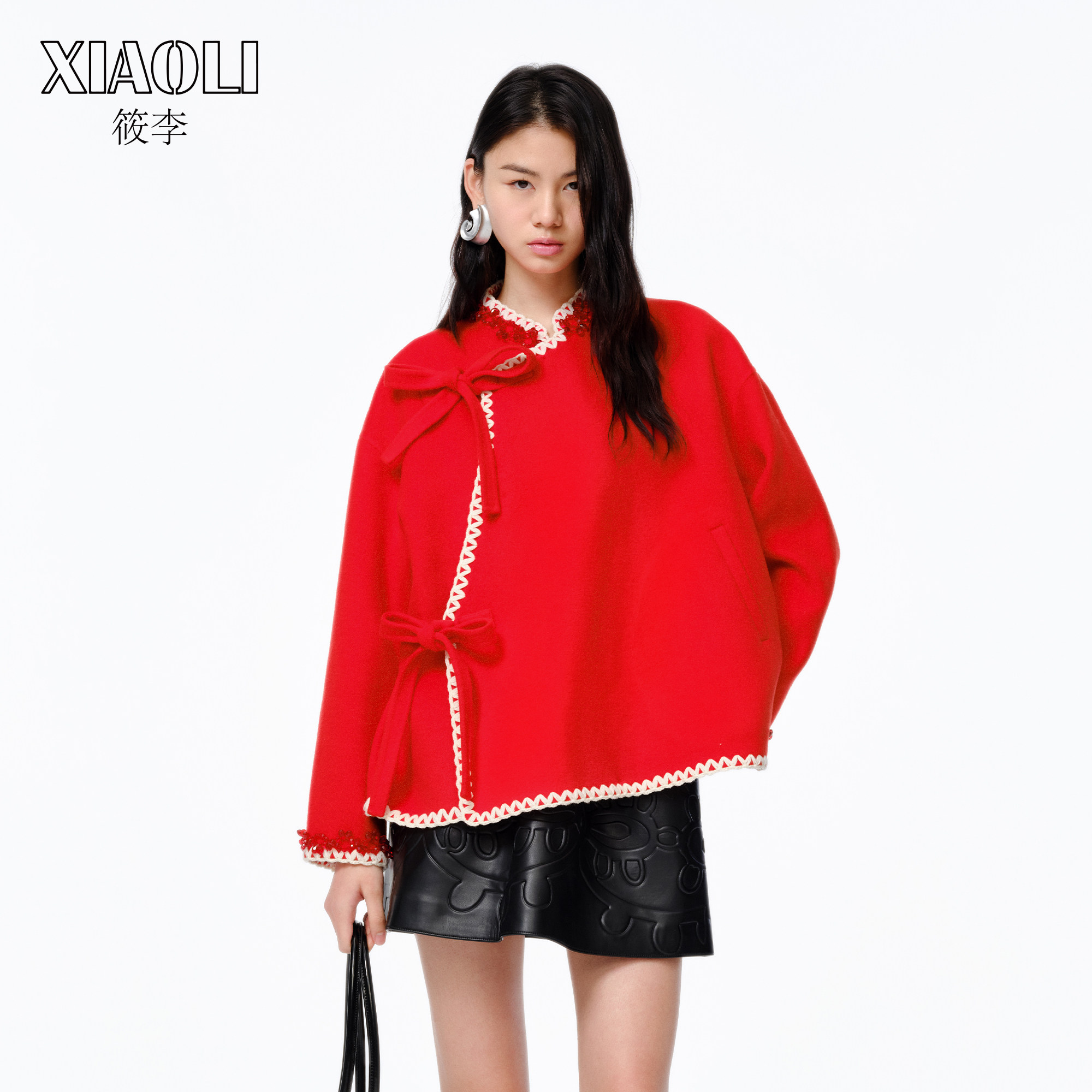 【新年限定】XIAOLI筱李新中式斜门襟系带钉珠双面呢大衣新年红