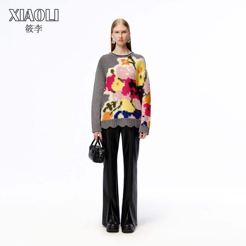 XIAOLI筱李 24秋冬新品灰色重工花瓶嵌花针织套头衫女