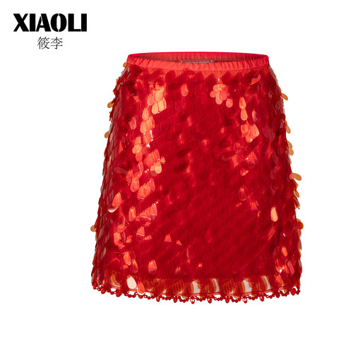 红色仿水晶钉珠闪片女式礼服短裙