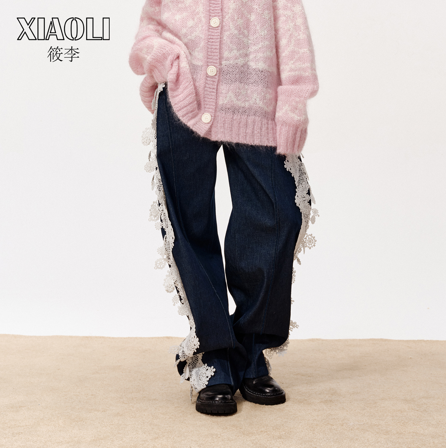【XIAOLI筱李】藏青色蕾丝牛仔裤