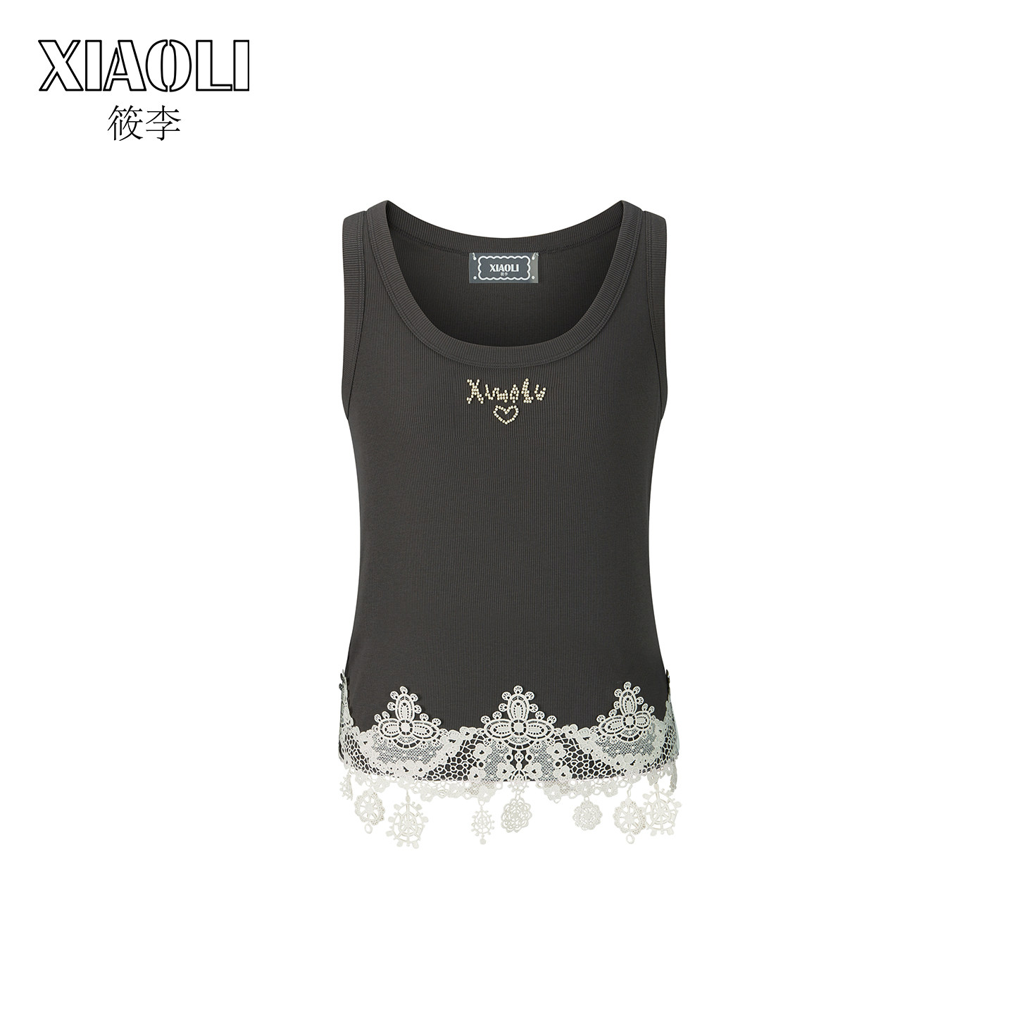 【XIAOLI筱李】百搭宽松蕾丝拼接灰色吊带LOGO背心女上衣2