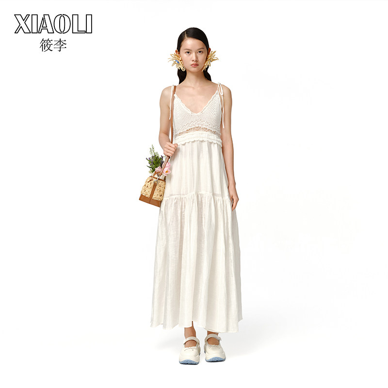 【XIAOLI筱李】春夏白色针织亚麻拼接吊带连衣裙度假裙