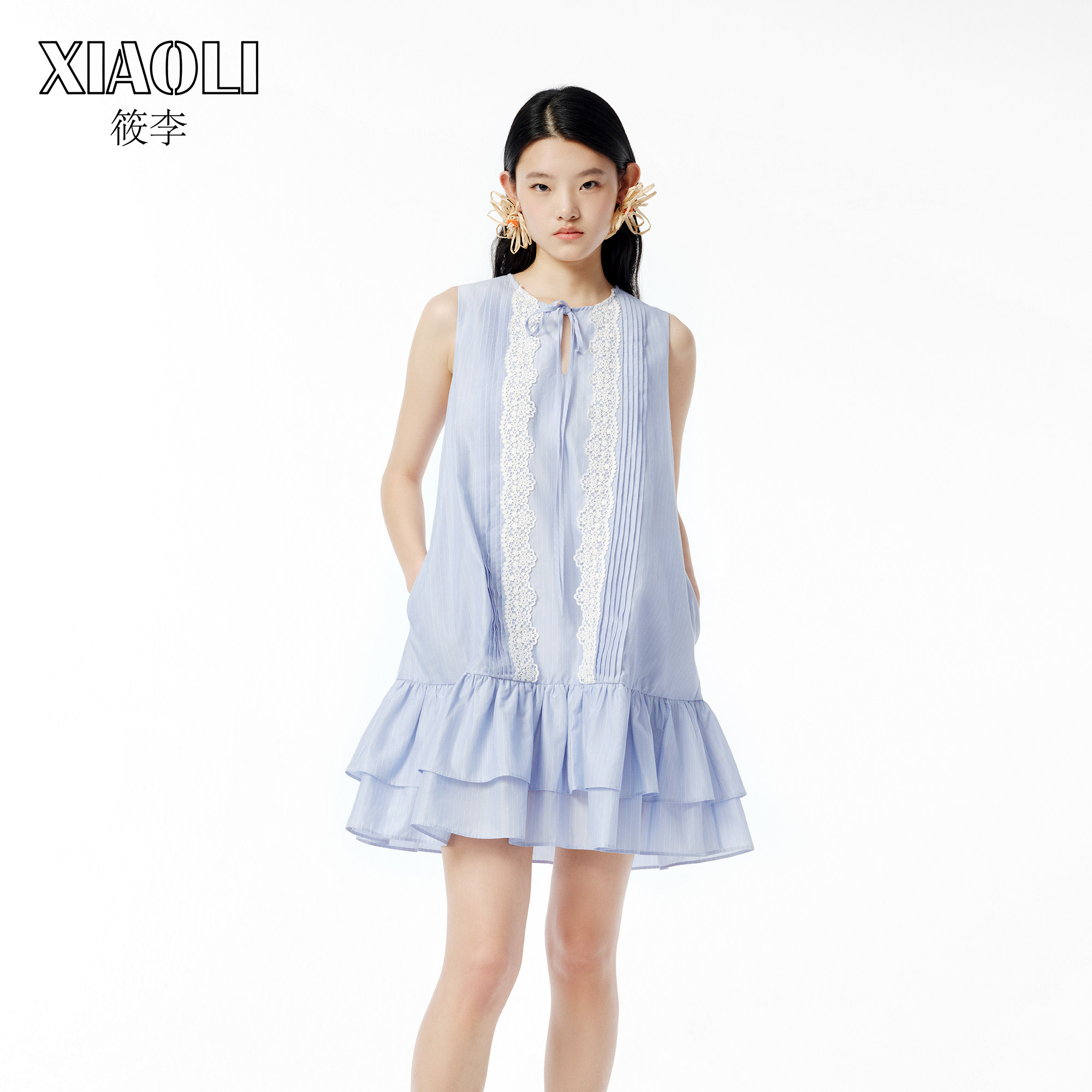 XIAOLI筱李 春夏胶囊系列新品航海系蓝白条纹风琴褶无袖背心裙