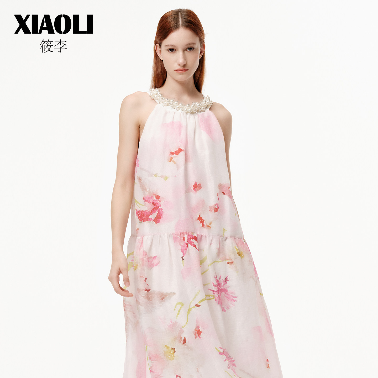 XIAOLI筱李春夏甜美度假风优雅粉色印花挂脖无袖连衣裙女春新品