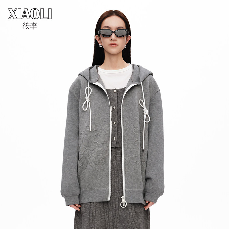 XIAOLI筱李设计师款立体压花空气层格雷系连帽开衫卫衣灰色