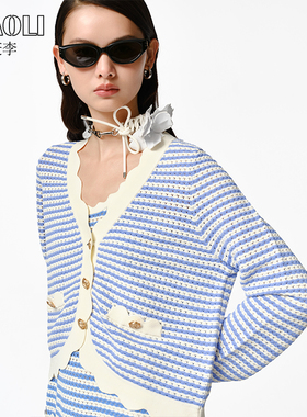 【周也同款】XIAOLI筱李23春夏新品蓝白波浪针织衫开衫连衣裙