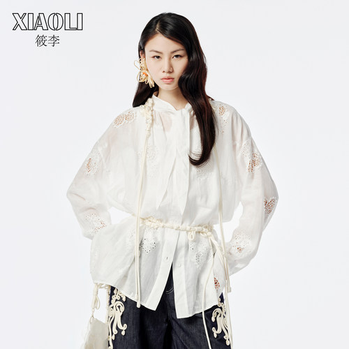 XIAOLI筱李 25春夏新品白色柠檬刺绣镂空绣花飘带衬衫淡人穿搭