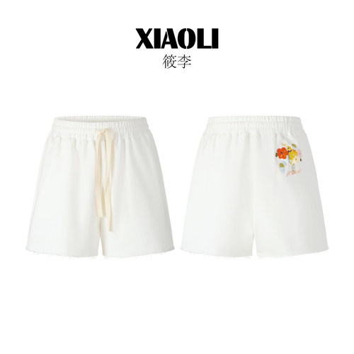 XIAOLI筱李短裤女米色新款下装休闲直筒裤2026秋季女士棉质松紧腰