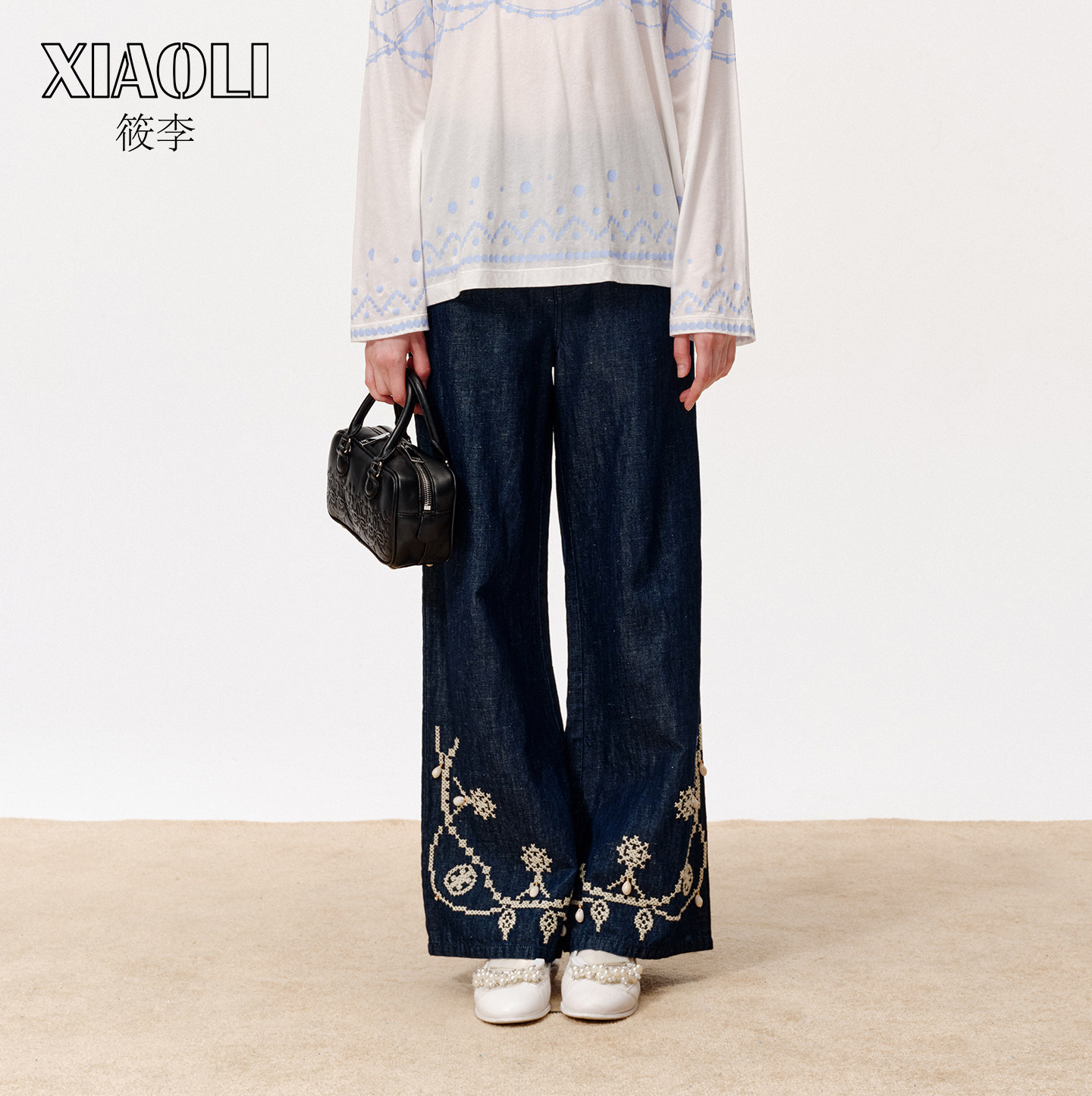 【XIAOLI筱李】立体美式休闲直筒蓝色十字绣牛仔长裤女春新品