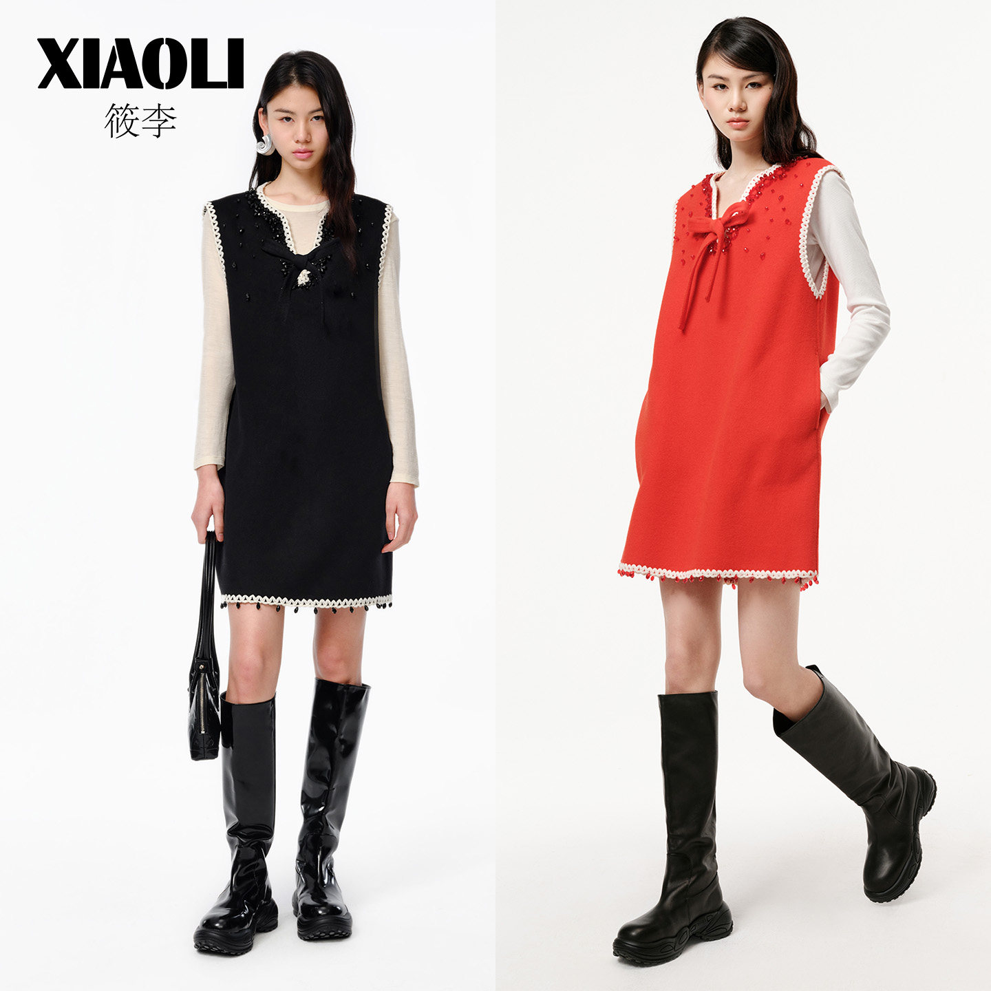 【新年限定】XIAOLI筱李设计师款休闲羊毛手钩边钉珠背心裙连衣
