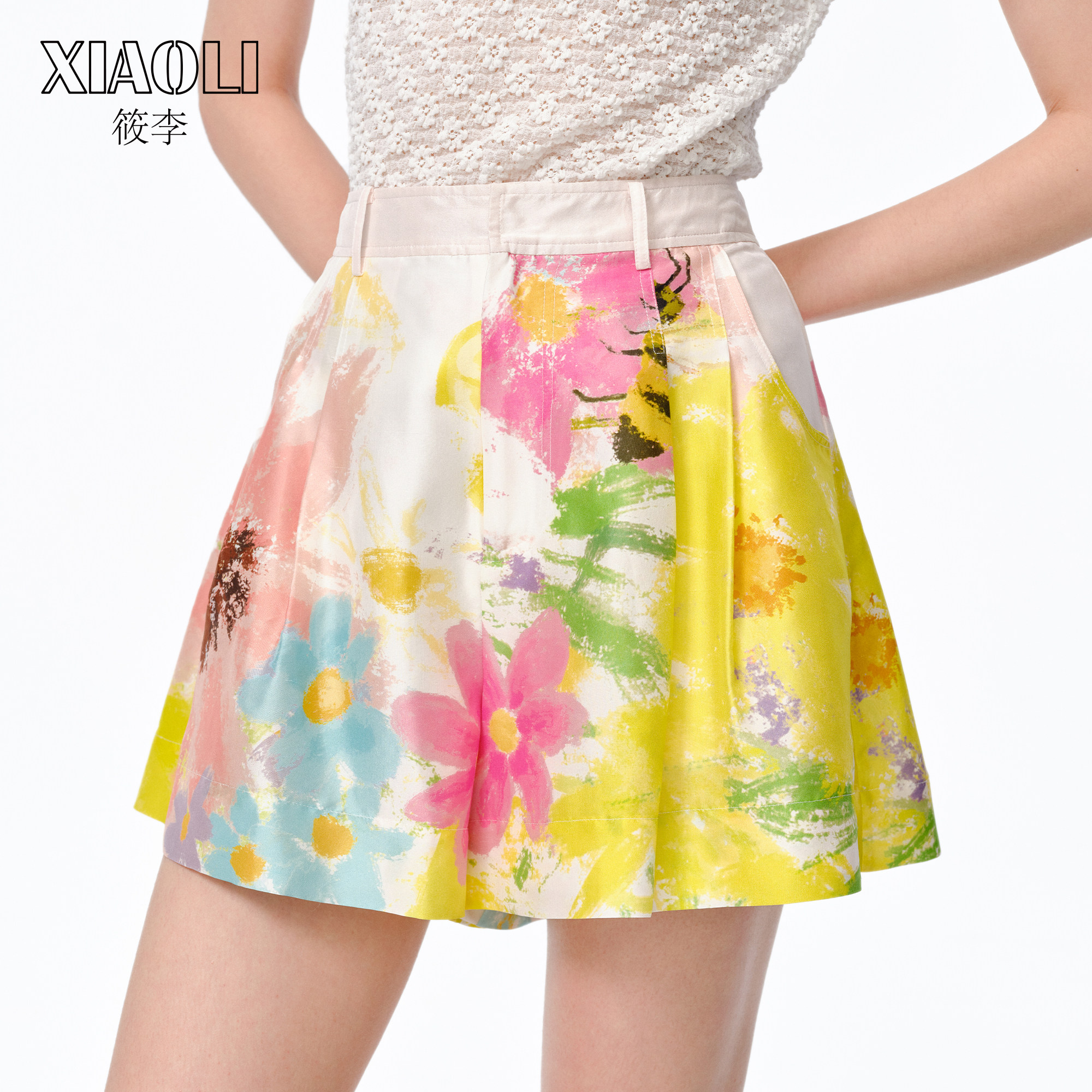 XIAOLI筱李 25春夏新品油画感印花度假风双宫真丝短裤