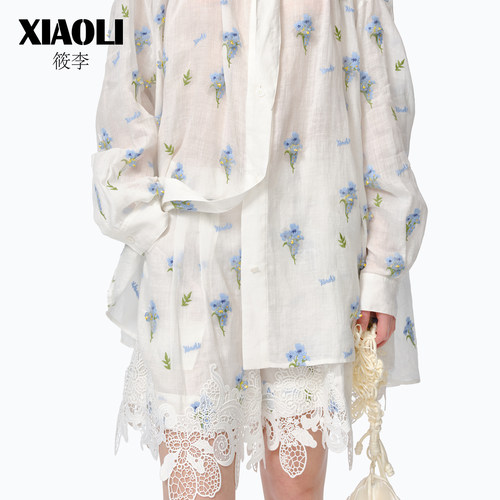 XIAOLI筱李宽松白色蓝碎花短裤
