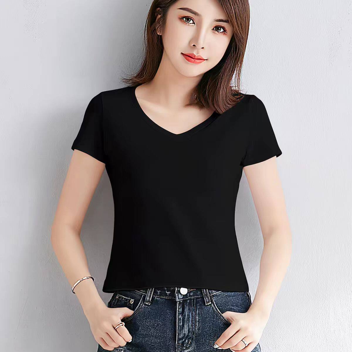 夏季黑色正肩小衫v领短袖t恤女2026新款小个子修身显瘦上衣女潮流