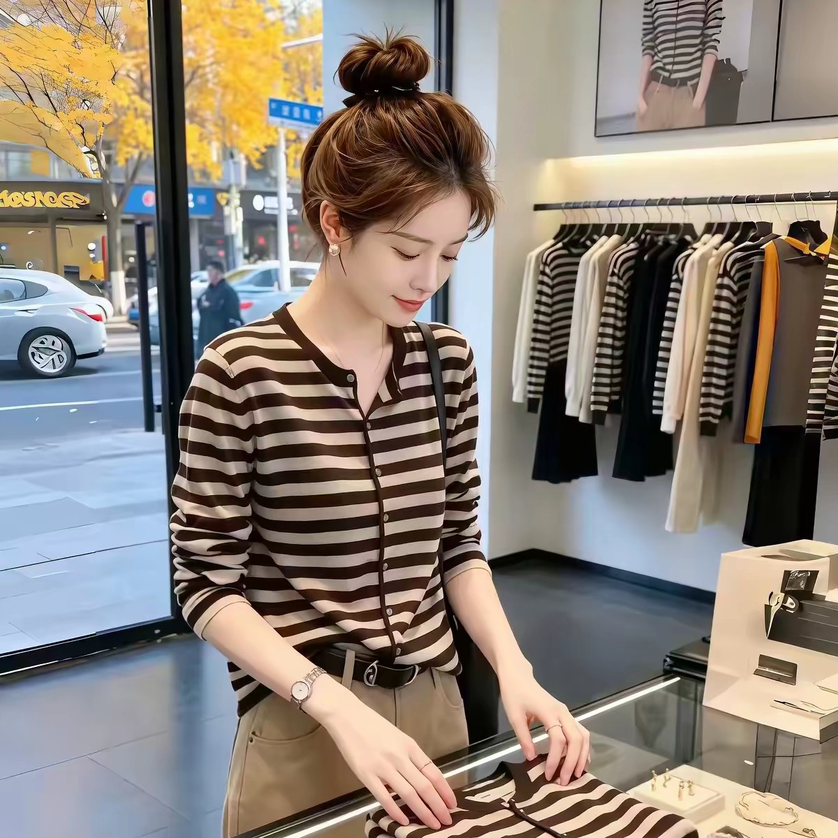 咖色条纹圆领纽扣针织开衫女上衣