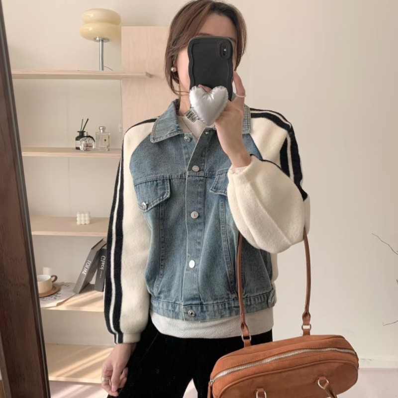 复古撞色牛仔拼接外套女2025新款韩版休闲短款上衣秋冬时尚棒球服