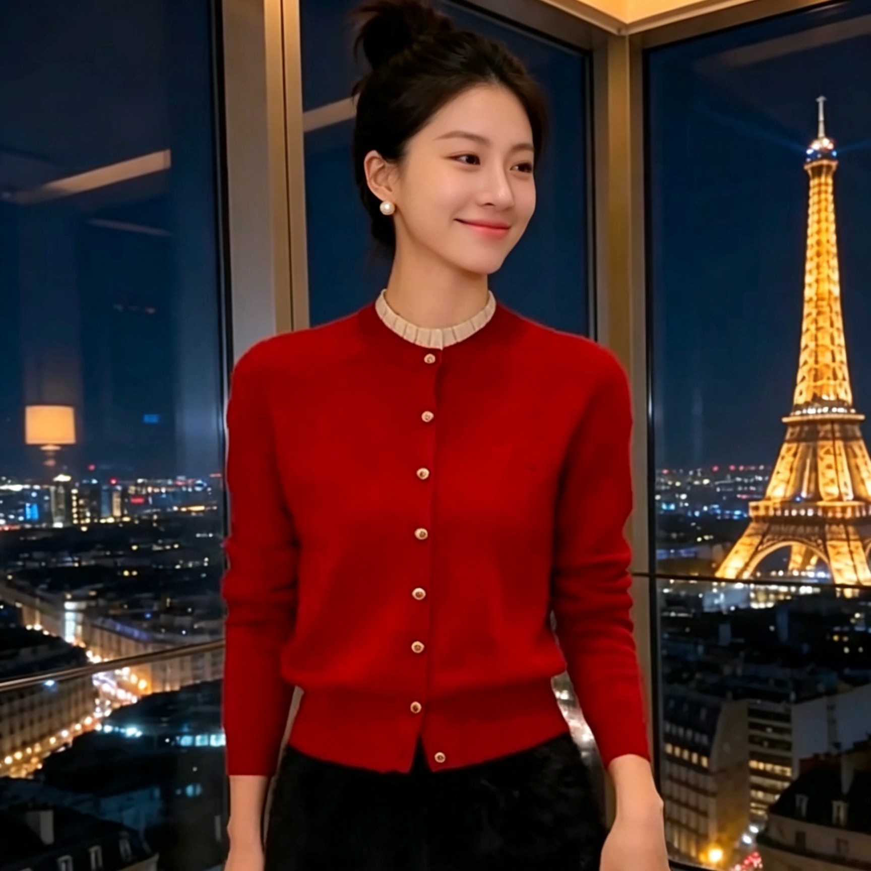 本命年红色木耳边针织开衫女秋款