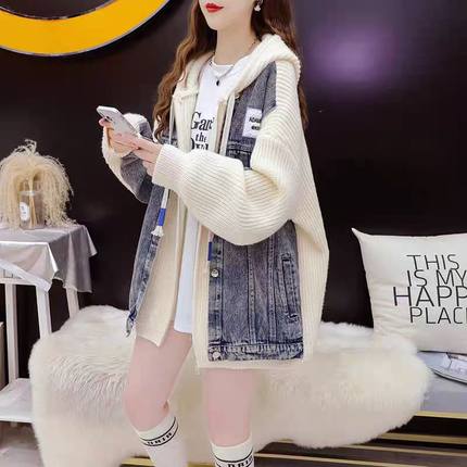 宽松慵懒风牛仔布拼接外套女2025新款秋冬季韩版连帽针织毛衣开衫
