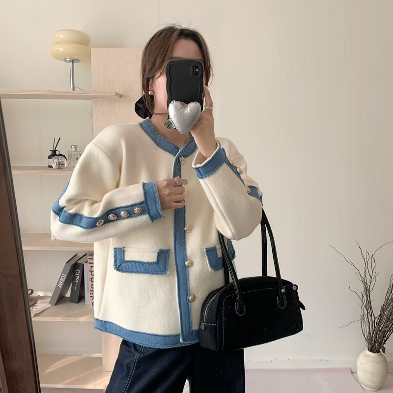 韩版短外套女2025春季新款圆领单排扣牛仔包边撞色时尚小香风上衣