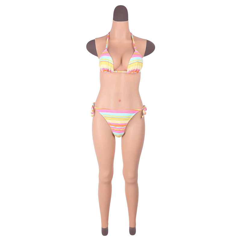 伪娘变装九分连体衣硅胶假胸假阴