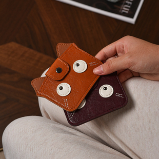 复古猫猫猫卡包可爱女士真皮质感搭扣零钱包高级感卡通薄款小钱包