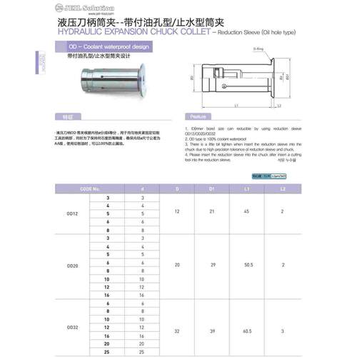 韩国机械液压刀柄止水筒夹OD20-14 OD20带付油孔型