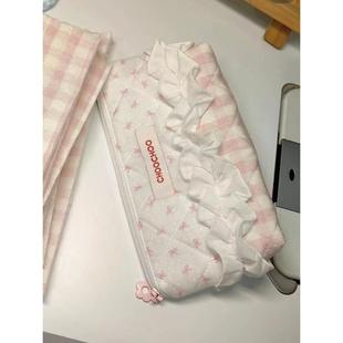 新款温柔蝴蝶格子笔袋拼接粉色少女心大容量化妆包桌面收纳包文具