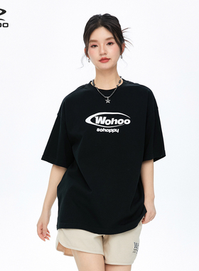 WOHOO美式简约简约Logo字母发泡黑色短袖女260g重磅圆领情侣T恤夏