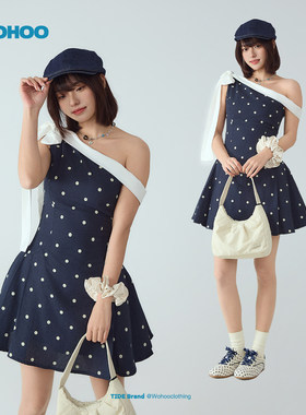 wohoo法式斜肩波点蝴蝶无袖连衣裙女宽2026春季新款收腰a字蓬松裙