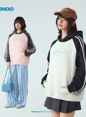 wohoo美式连帽卫衣女款2026新款早春外套拼接撞色情侣款上衣春装