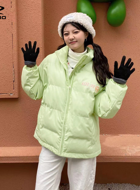 WOHOO字母Logo刺绣PU面包服绿色潮牌加厚棉服男女款棉袄棉衣外套