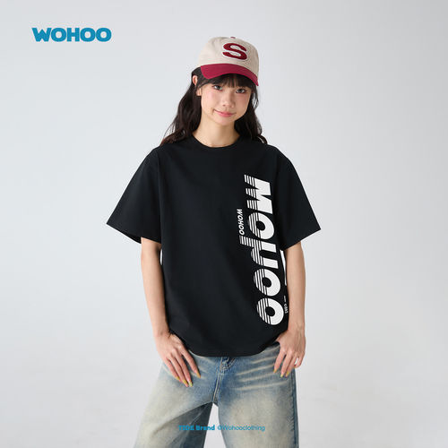 【所有女生直播间】wohoo纯棉圆领短袖t恤女夏季新款落肩字母半袖