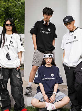 wohoo美式复古三条杠插肩袖短袖T恤男女夏季运动潮牌情侣重磅体恤