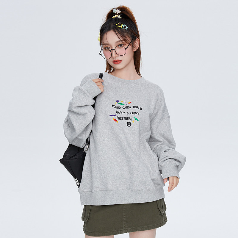 WOHOO 2025早秋美式卡通糖果刺绣长袖圆领卫衣宽松落肩情侣上衣女