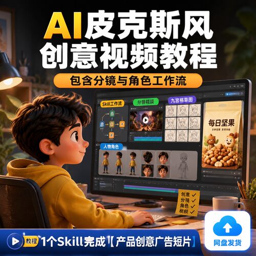 AI皮克斯风创意视频教程分镜与角色工作流广告短片制作网盘发货