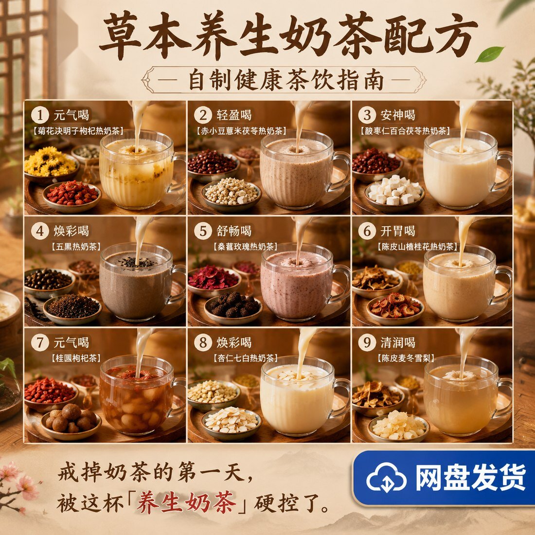 草本养生奶茶配方自制健康茶饮制作技术全套视频教程网盘发货