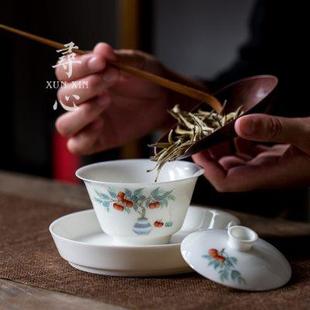 玉白瓷粉彩手绘薄胎盖碗茶杯泡茶器高档陶瓷茶碗茶具礼盒装 寻心