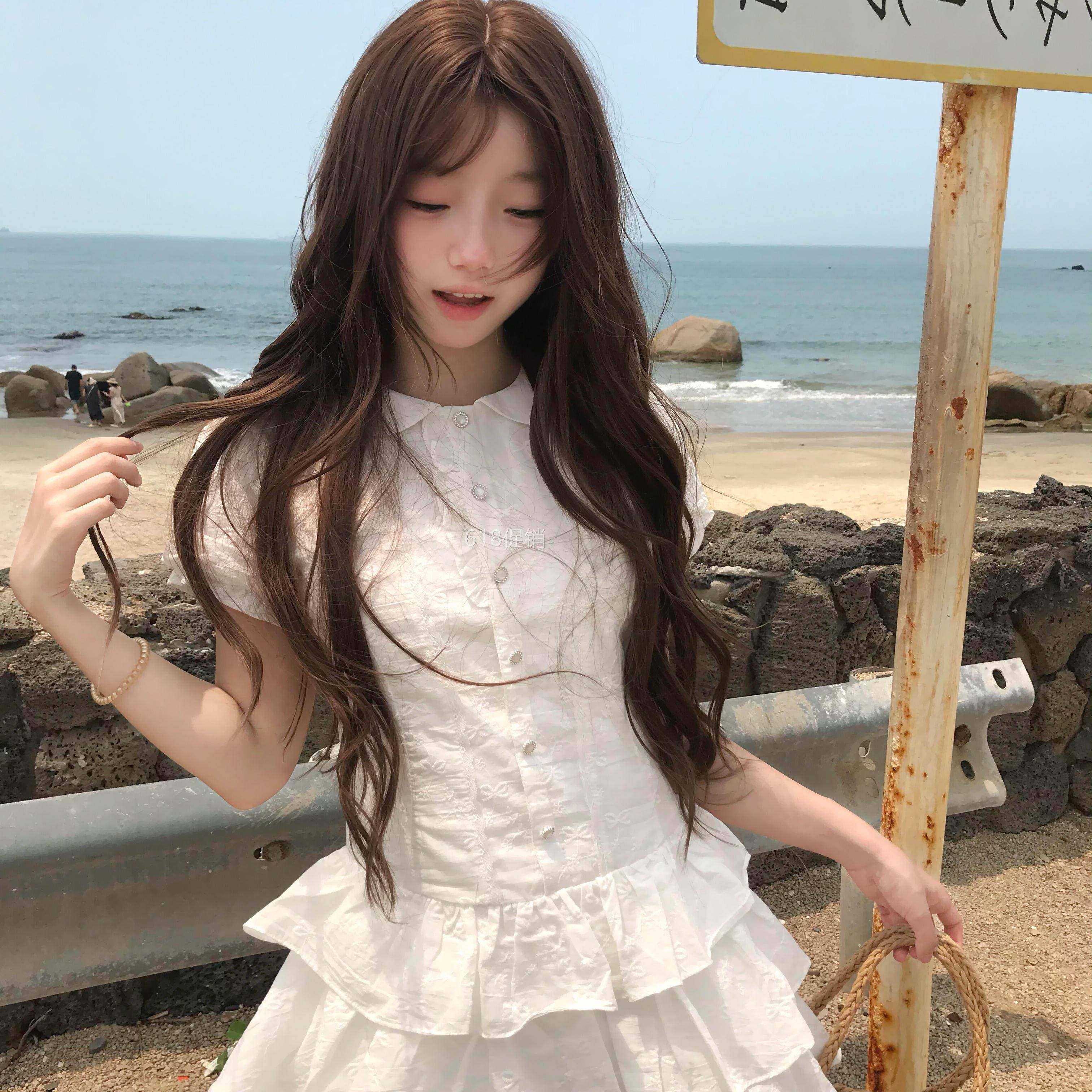 韩系甜辣学院风白色泡泡袖衬衫连衣裙女夏季收腰显瘦气质a字短裙