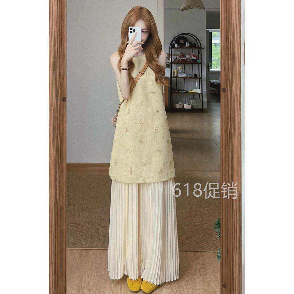 高级感小香风假两件连衣裙女夏独特漂亮巨好看的百褶拼接设计长裙