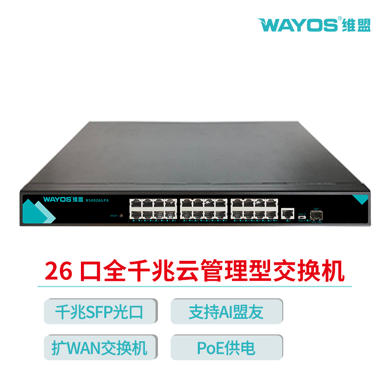 WS4026GPA/26口千兆云管理型POE交换机支持24个千兆PoE口和 1个千兆SFP光口一个千兆RJ45口即插即用远程管理