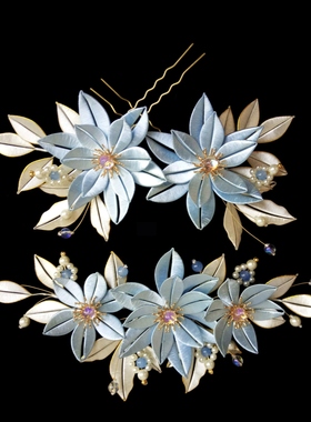 手工缠花成品发饰古风汉服旗袍头饰发冠蓝色精灵平价发簪演出配饰