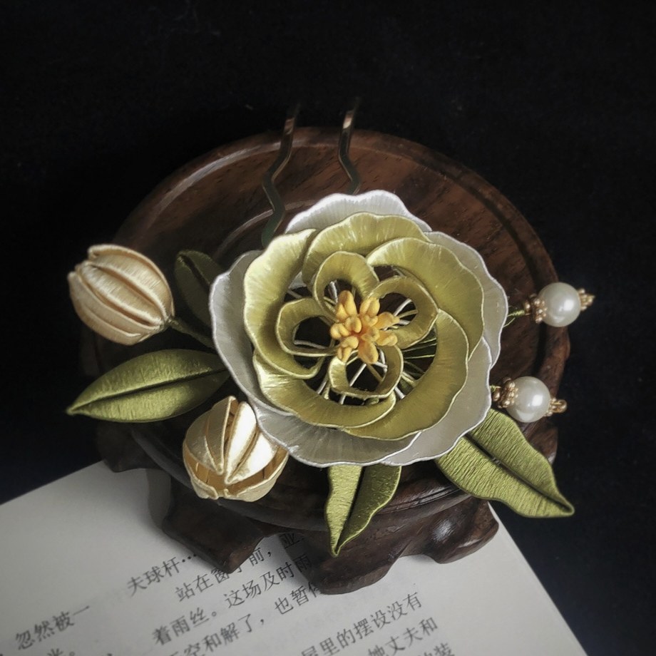 与归记非遗缠花发簪绿色牡丹发钗汉服旗袍配饰新中式古风百搭发饰图片