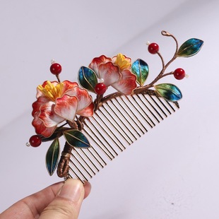 手工非遗绒花发梳掐丝牡丹发簪中国风汉服旗袍头饰马面裙盘发簪子